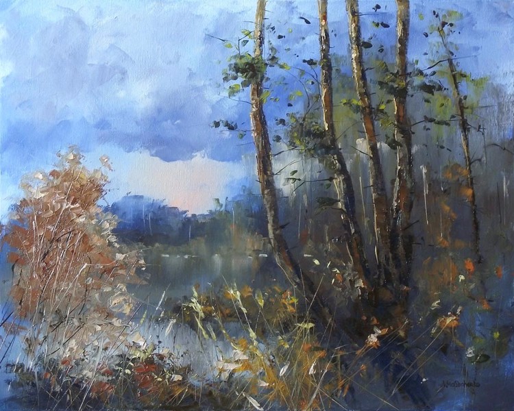 Pine trees near forest lake