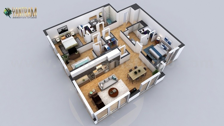 Residential 3D Virtual Floor Plan with 2 Bedroom Design by Architectural Studio, Dubai - UAE by Yantram Animation Studio Corporation Residential 3D Virtual Floor Plan with 2 Bedroom Design by Architectural Studio, Dubai - UAE by Yantram Animation Studio Corporation