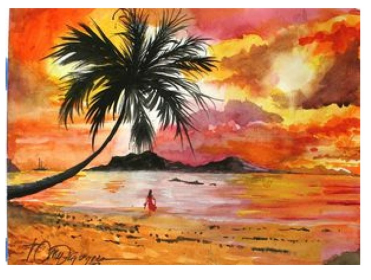 Sunset over Hawaii in Watercolors