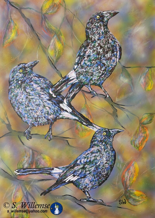 Curawongs and autumn leaves Art Australian Birds Susan Willemse