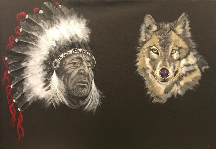 NATIVE CHIEF AND WOLF SPIRIT