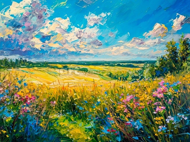 Spring Print, Flower Field Landscape Printable Art, Flower Meadow Oil Painting, Vintage Style decor