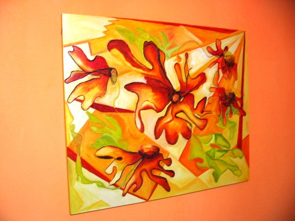 Sunrise flowers, oil on canvas --- collage