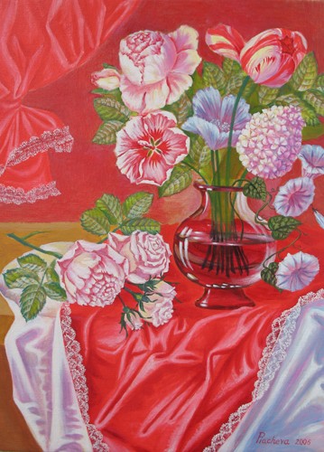White Roses on the Red Background.