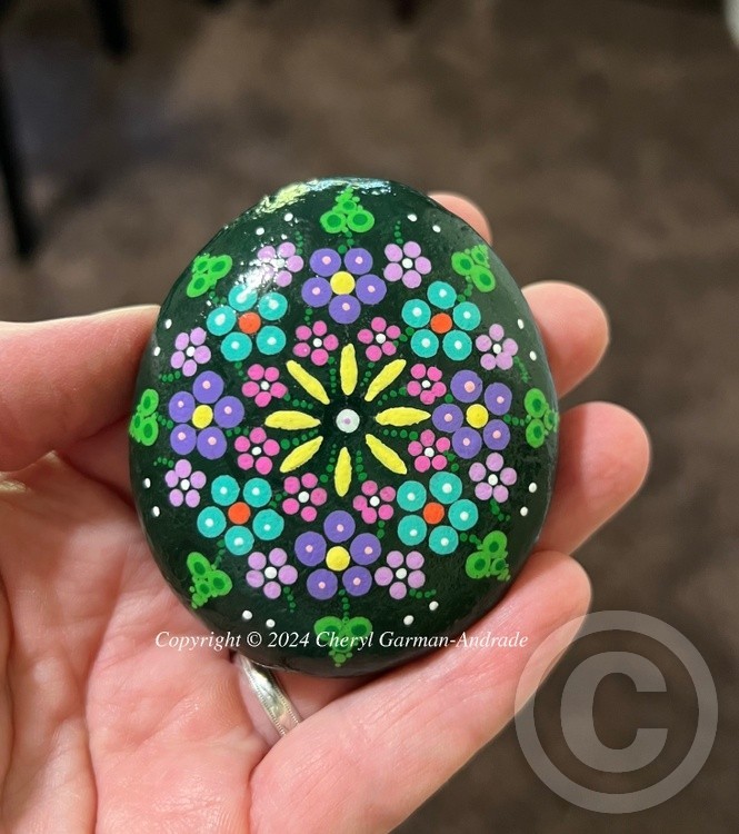 Green Multicolor Flower Mandala Dot Art River Stone