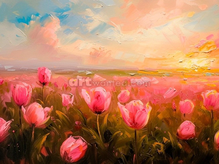 Spring Print, Flower Field Landscape Printable Art, Flower Meadow Oil Painting, Vintage Style decor