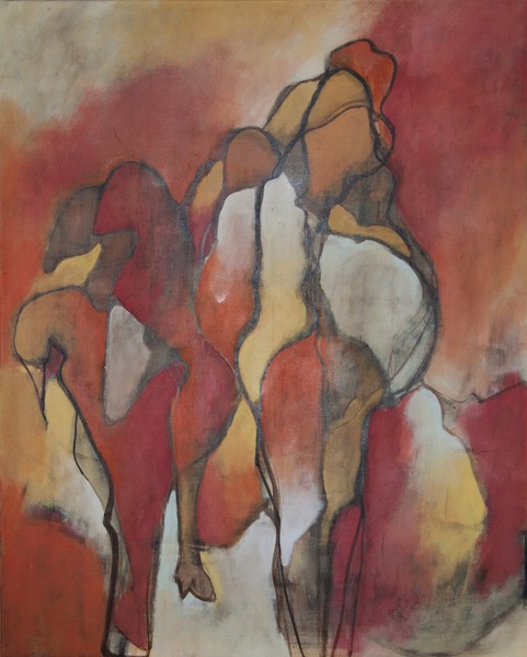 Human and birdfigures in red and yellow