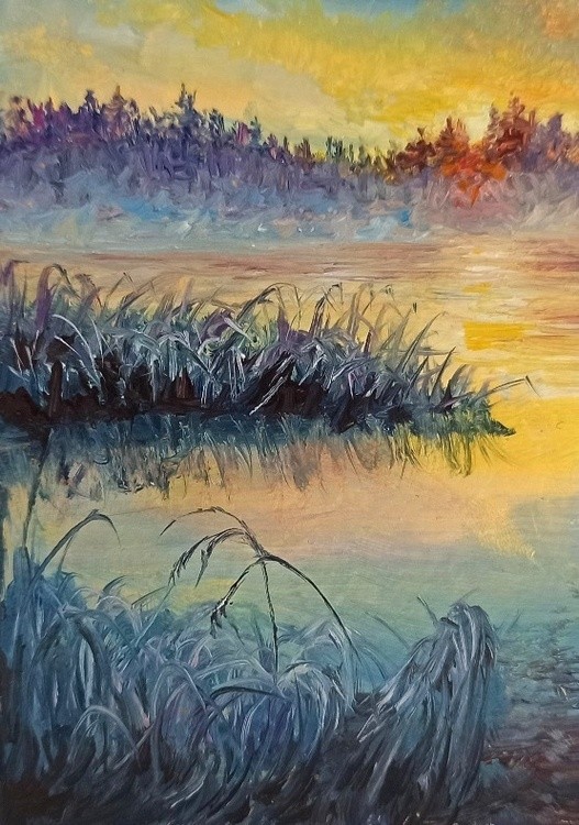 First frost. Winter sunset aceo miniature oil painting