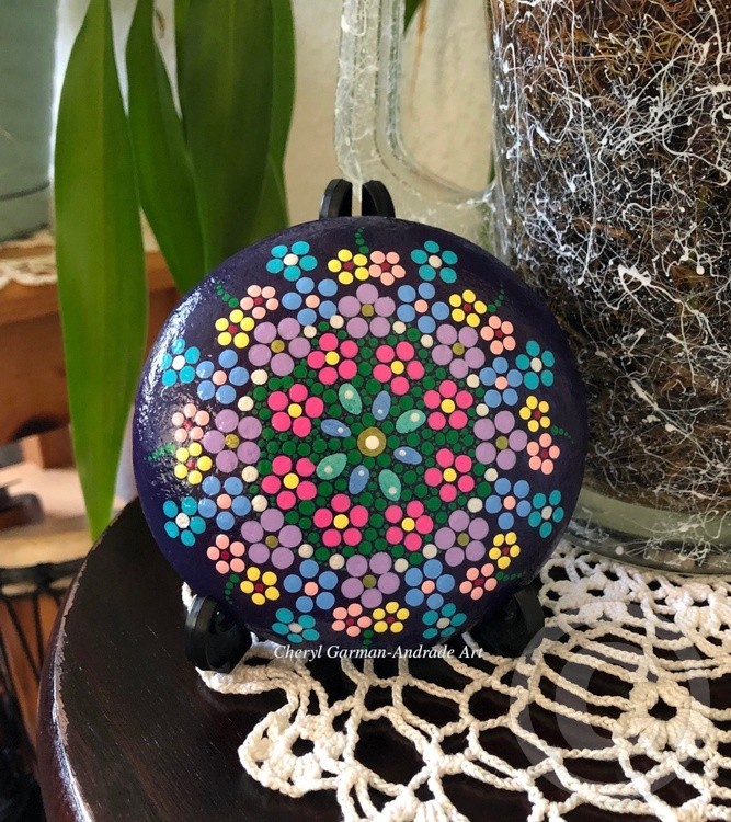Blue & Purple Flowe rMandala Dot Art River Stone