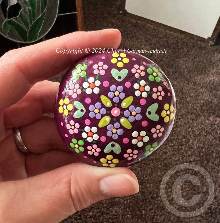 Burgundy Flower Mandala Dot Art River Stone.