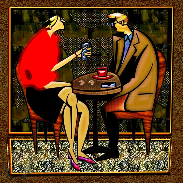 Light lunch couple red sweater red cup, blue glass
