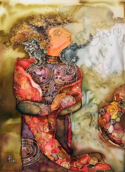 Gentle touch.Painting on silk.