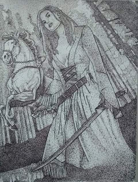 Woman in the Woods pointillism drawing 