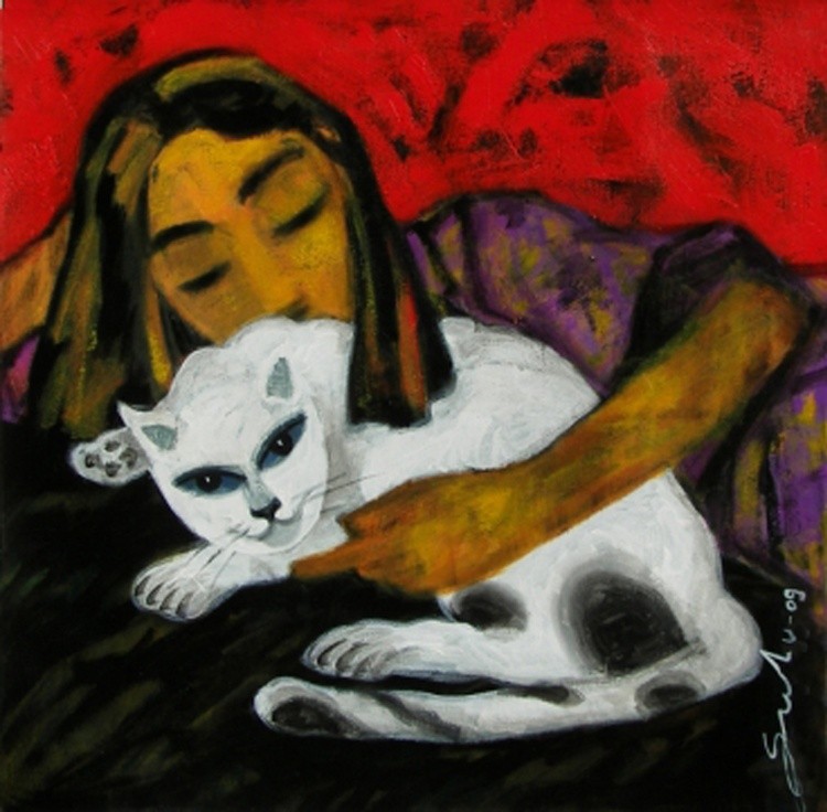 girl with white cat
