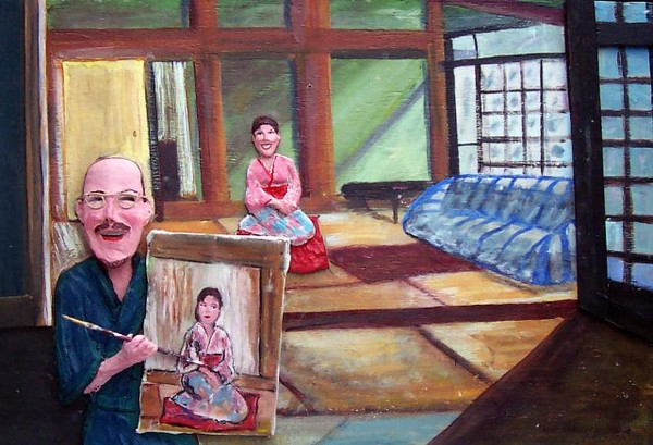 An artist painting a portrait of his wife in Japan
