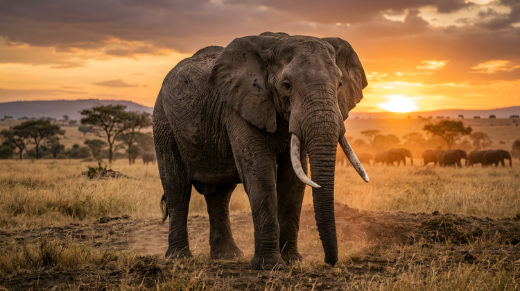 Majestic elephant stands alone on the savanna during a beautiful African sunset.
