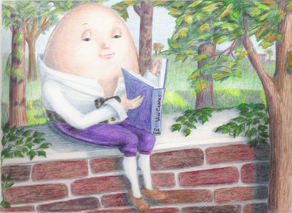 Humpty Dumpty reads on the wall