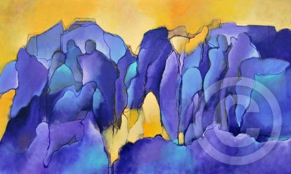 Figures in purple and yellow sky