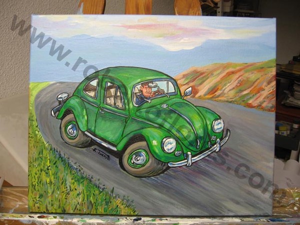 Green VW Beetle canvas