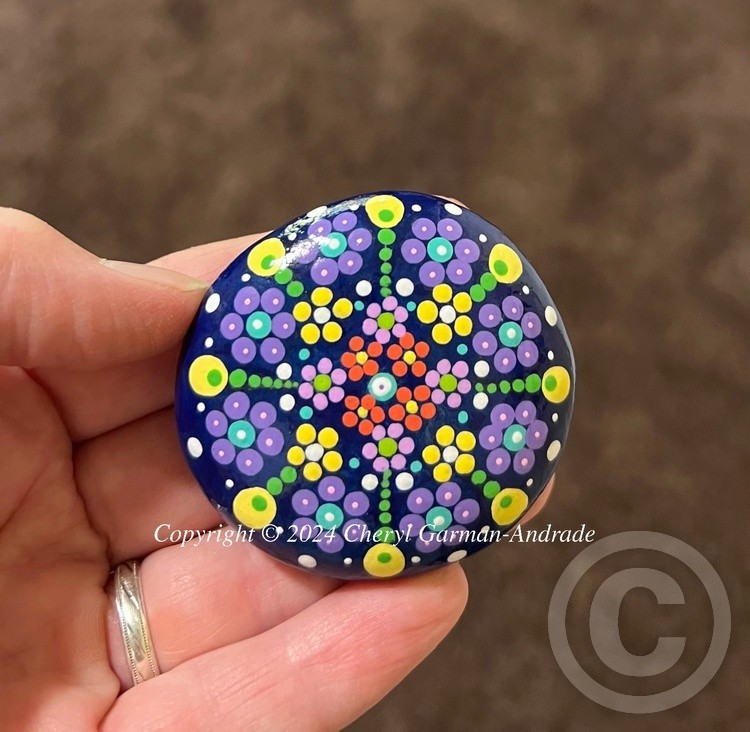 Funky Purple & Yellow Flower Mandala Dot Art River Stone 
