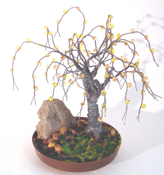 Beaded in Brass Base - Wire Tree Sculpture