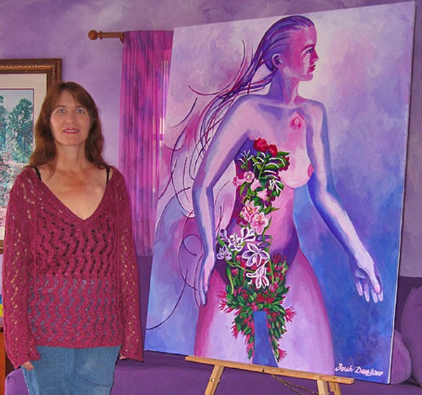 Sarah Dees with her painting, Cancer Woman