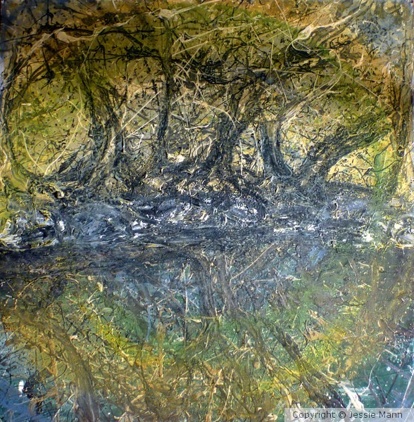 penumbra trees mixed media on panel 24x24 2012