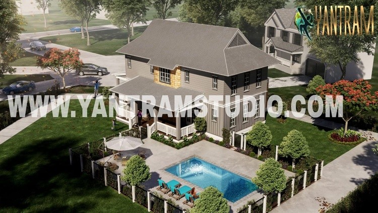 exterior rendering services of bungalow with pool by architectural visualisation services, Texas
