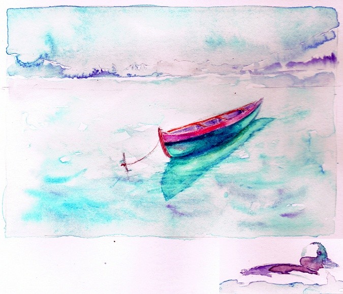 Boat & Bufflehead Watercolor