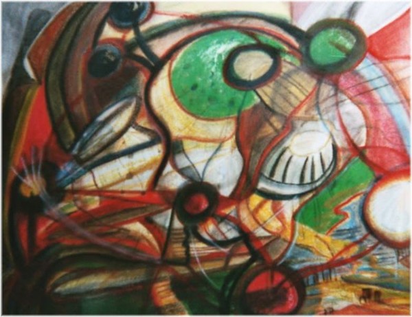 aliens over the city mixed media sur papier 2005