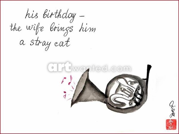 French Horn. Birthday Haiga.