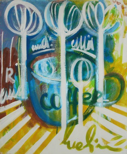 Coffee cup behind trees