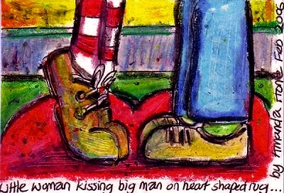 Little Woman Kissing Big Man on Heart Shaped Rug