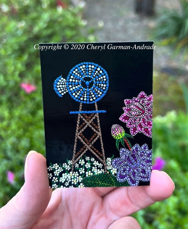 Windmill & Dahlias Dot Art ACEO