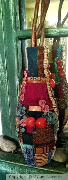 COLLAGE VASE W/LEATHER & BEADS