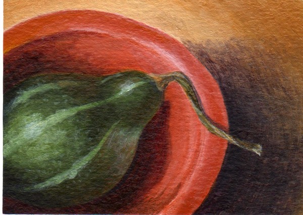 ACEO - Green Gourd in Orange Bowl