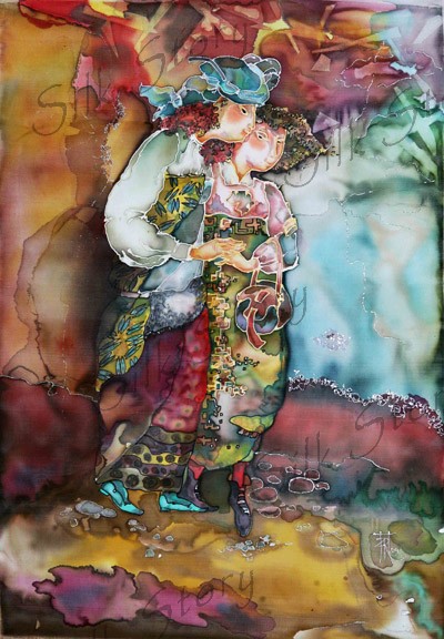 Walking arm in arm.Painting on silk.