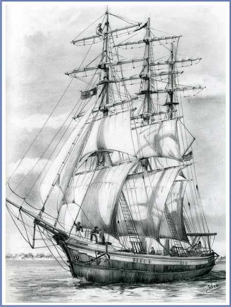 Full rigged ship lowering the sails