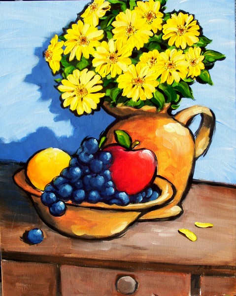 Blue Grapes and Flowers