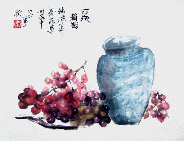 Old vase and grapes