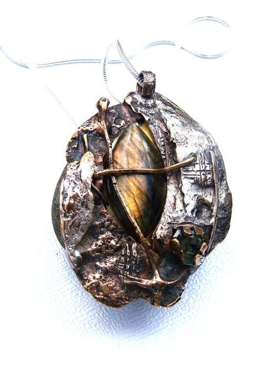 SOLD, Spectrolite Pendant Necklaces Bronze sculpture  ,Gomolka Art