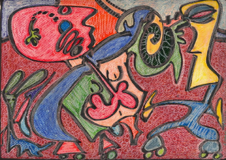 rollerblading inside Sigmund Freud's psyche   drawing (c) 2002 elton houck /ELTONS ART TIME VAULT