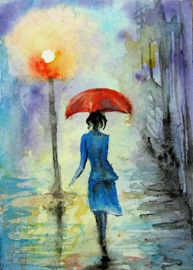 Rain umbrellas fantasy aceo painting