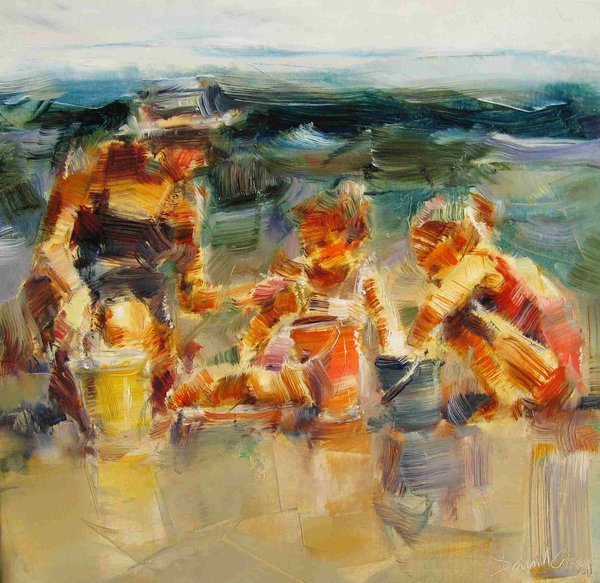 Family on the beach 50 x 50 cm oil on linen