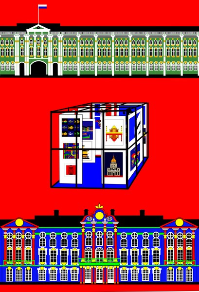 Cube in Russia at St Petersburg symbolized by The Winter Palace and Catharinenhof
