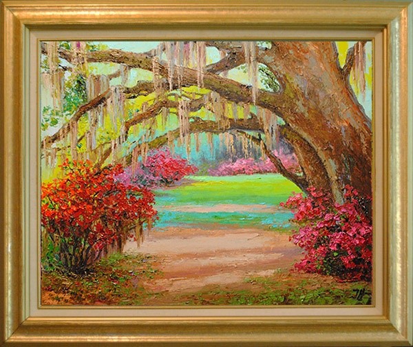 Southern landscape with azaleas, oak and Spanish moss. 