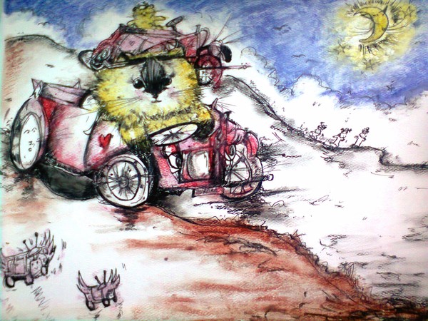 Aurora cat in a model t car with model t hat 