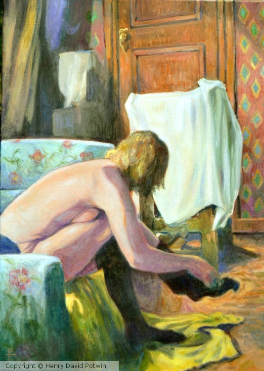 Nude Putting on Stockings    ( after a Degas black and white photo )