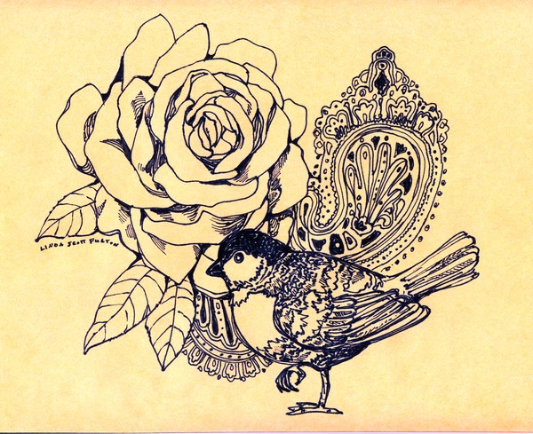 bird, rose, paisley line