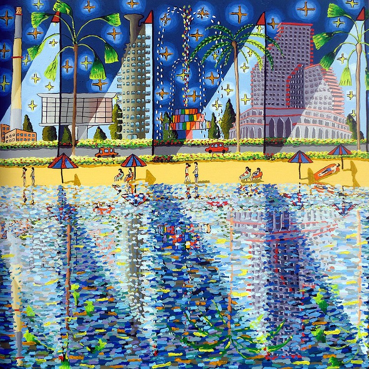 Tel aviv beach  urban landscape paintings folk primitive artist painter raphael perez